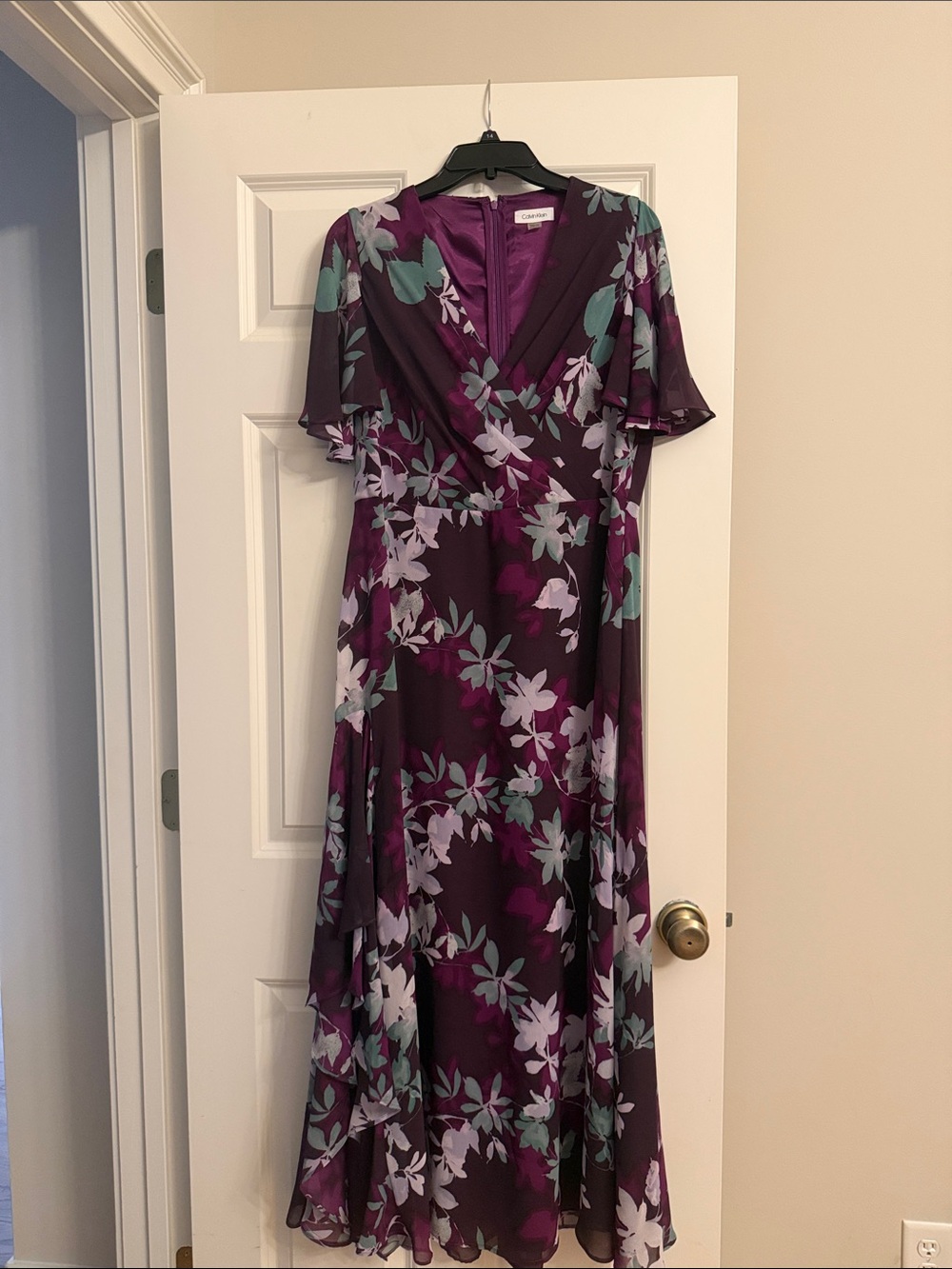 Calvin Klein Plum Floral Wrap Maxi Dress with Flutter Sleeves